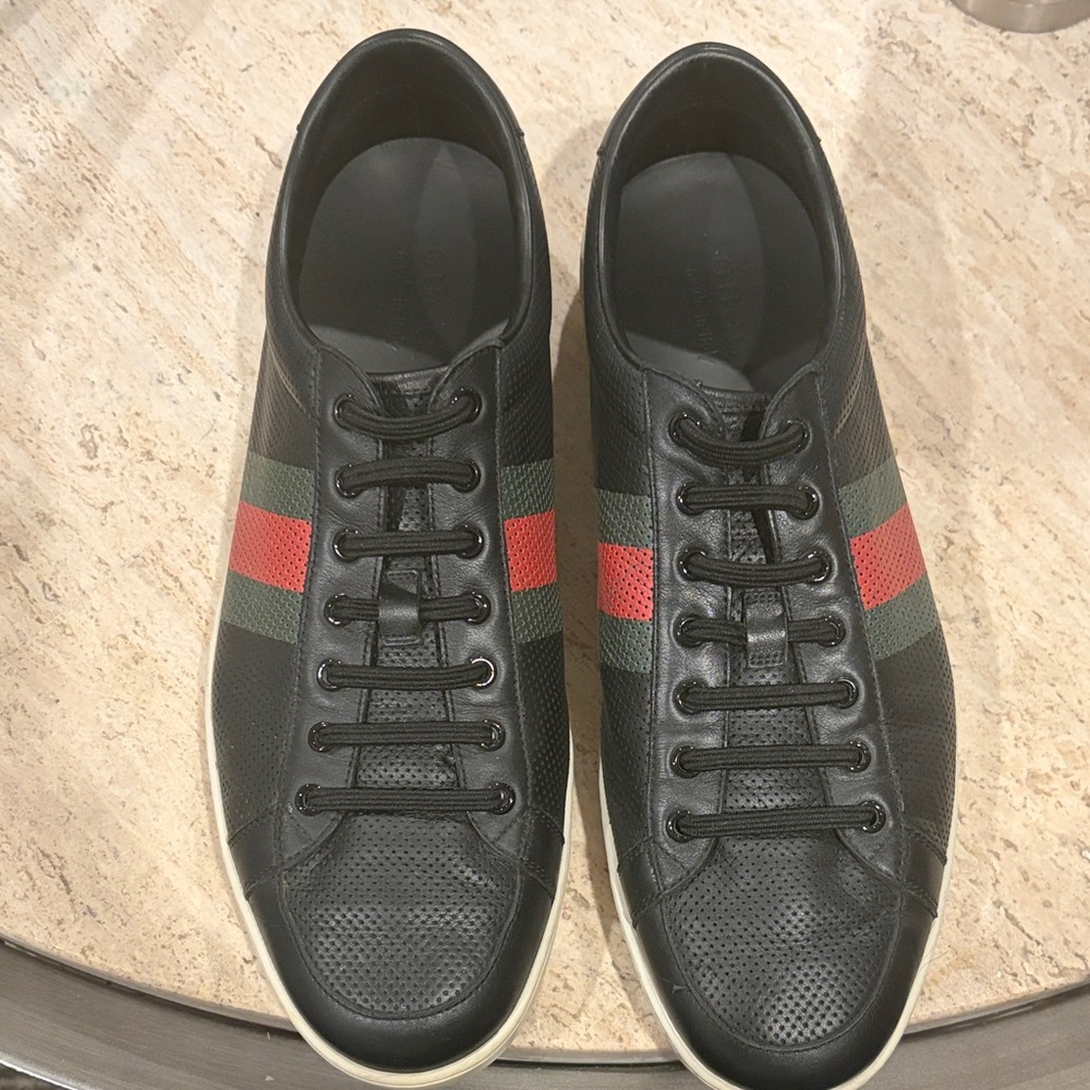 Gucci Black Leather Sneakers with Green and Red Web Stripe